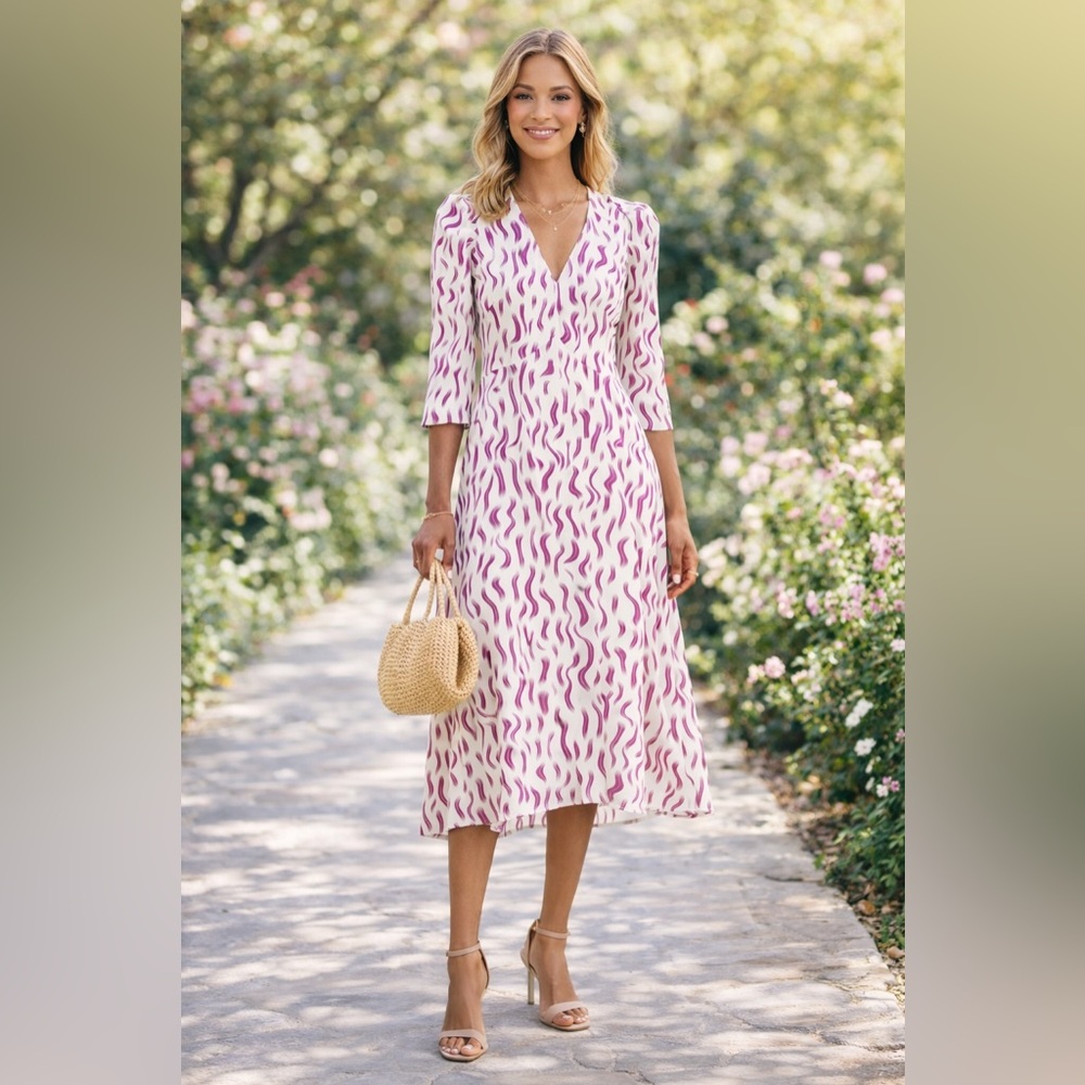 NWT Joie Albi 100% Silk Brushstroke Midi Dress Violet spring size 6